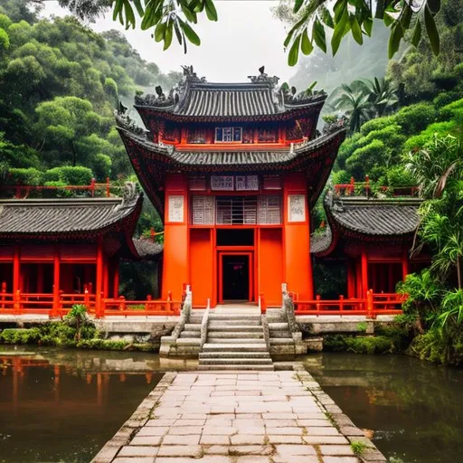 Prompt: Very Ancient Mandarin Temple on a secluded Island with jungle