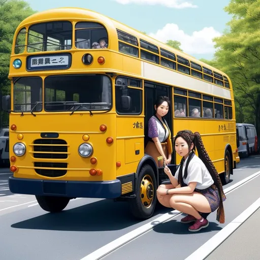 Prompt: In this photorealistic image, a stunning Japanese woman with braided hair and a stunning body, aged 33, is crouching next to a miniature bus packed with tiny passengers. The bus and its occupants are like toys compared to her immense size. Her intricate and colorful outfit contrasts with the earthy tones of the pavement and the miniature bus. The attention to detail is extraordinary, with even the tiniest of textures perfectly rendered in high resolution.

Camera: Close-up shot
Camera lens: Macro lens
View: Front view

Render: Highly detailed, high resolution, hyper detailed, HDR
Lighting: Natural light, soft light
Color: Bright colors, vivid colors, fantasy vivid colors
