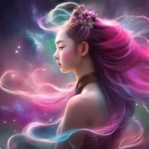 Prompt: Bloom, Nebula, Young girl, Long Flowing hair, Flowery, Dynasty