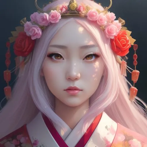 Prompt: olpntng style, wonderful girl, 
japanes face, japanes girl,sharp nose,
rose crown,caucasian, 
40years old,beautiful look, detailed dress, 
detailed hair, ultra focus, 
face ilumined, 
face detailed, 
8k resolution, 
painted, , oil painting, heavy strokes, paint dripping