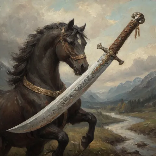 Prompt: An ornate Norse curved scimitar with horse iconography 