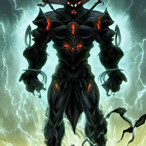 Prompt: (mega detailed) (4x+anime) Dark demon god standing, 10 feet tall, (black armor) (Black lightning blot imprint) black lightning skies. large sword in his hand, burning city behind