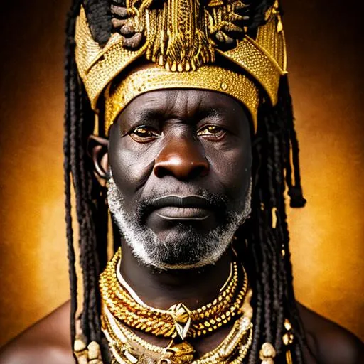 Prompt: Portrait photograph of an elderly African warrior chief with a tribal panther mask, gold on white, side profile, averted gaze, and serious eyes, 50mm portrait photography, photography with hard rim lighting