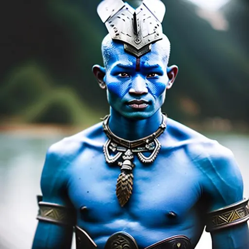 Prompt: Male blue skinned warrior