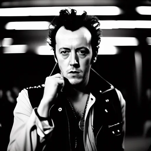 Prompt: 80 style,  black and white movie style, joe strummer ghost looking at the camera, 35 mm, 