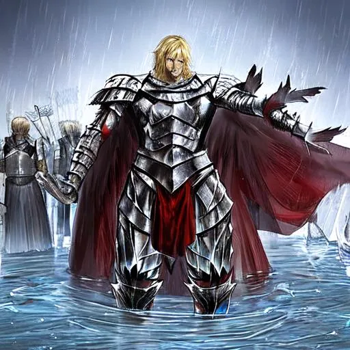 Prompt: The Dragoon Emerging from the lake next. Ragnar, wet from water, stepping on it. Telkrest’s pride and joy. Confident as ever. A taker in his giving nature. Having blonde hair and a strong build fit for a king, he arrives. In his skin, he is armored, fluctuating a red, black and white color. With one eye, a piercing red and the other, a glazed white. “This’ll be fun.”

