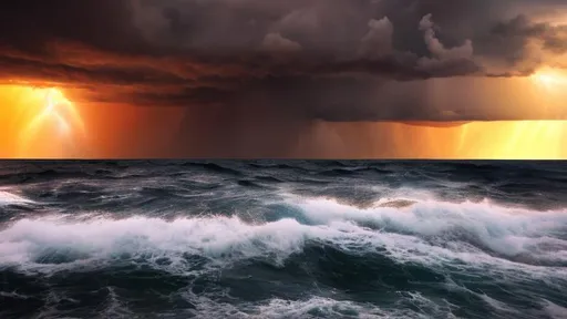 Prompt: A sunset at sea with heavy storms and rain