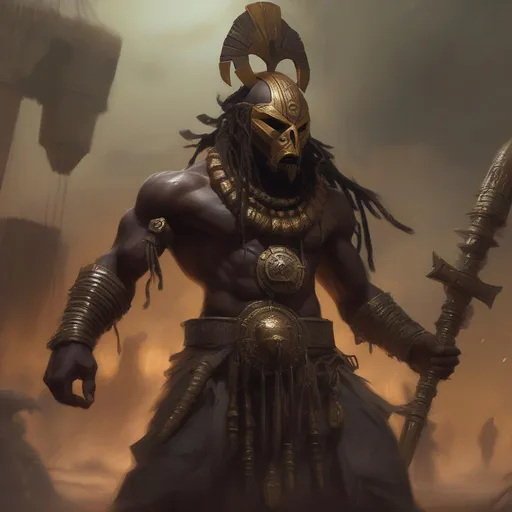 Prompt: A dark evil African mask warhammer 40k warrior fighting monsters, magic glowing, concept art, dystopia, orientalist, full body, dynamic, pose,  insane detail, oil painting, artstation