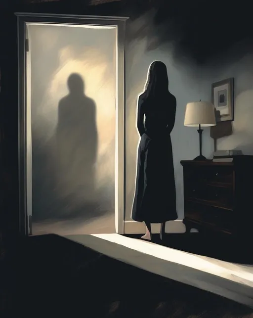 Prompt: A conceptual illustration depicting anxiety as a ghostly figure looming over a worried young woman alone in a dimly lit room. Heavy shadows and desaturated cool tones create an uneasy atmosphere. The woman's body language conveys tension and unease. Rendered in a moody, expressive painting style. Impasto pallette knife oil painting 