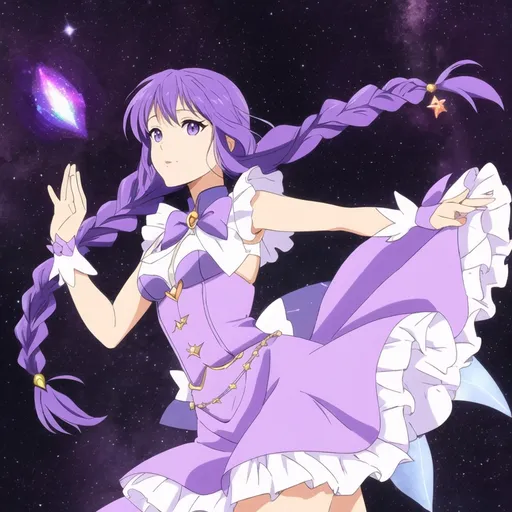 Prompt: Magical girl. Pisces, purple hair. Fishtail braids. Long skirt. Vitiligo. Cute. Elegant