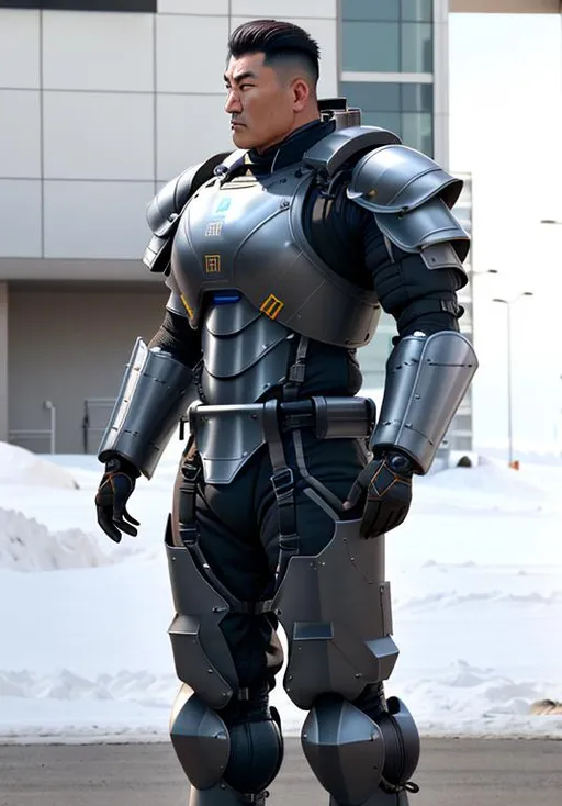 Prompt: perfect composition, {40 year old}, lean {average mongolian soldier man}, wearing {powered armor exosuit exoskeleton}, {thick hydraulic pneumatic joints}, {segmented sealed armour}, {gauntleted hands}, {shaved brown hair}, extra masculine, peak fitness, asymmetric scars, determined expression, 8k eyes, detailed face, wlop, stanley artgerm lau, artstation, hd, octane render, hyperrealism intricate details, 8k, cinematic volumetric light, proportional, art trending on artstation, sharp focus, studio photo, intricate details, highly detailed, intricate artwork masterpiece, ominous, intricate, epic, trending on artstation, highly detailed, vibrant, production cinematic character render, ultra high quality model, 