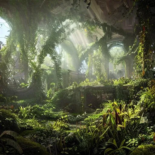 Prompt: exploring an abandoned overgrown grand library, becoming overgrown with plants with small colourful flowers, hyperrealistic, volumetric lighting highly detailed, 4 k hd
