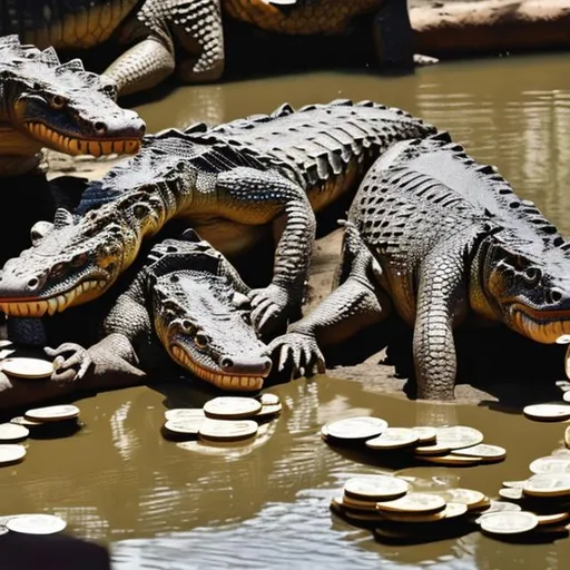 Prompt: Crocodiles counting money in oil