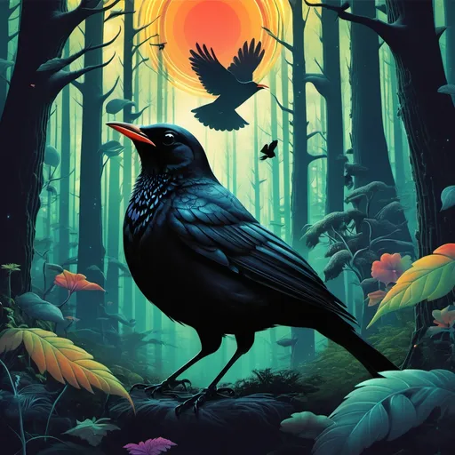 Prompt: Create an album art cover that shows a heroic blackbird.  the surrounding forest is a psychedelic futurist space. a new world