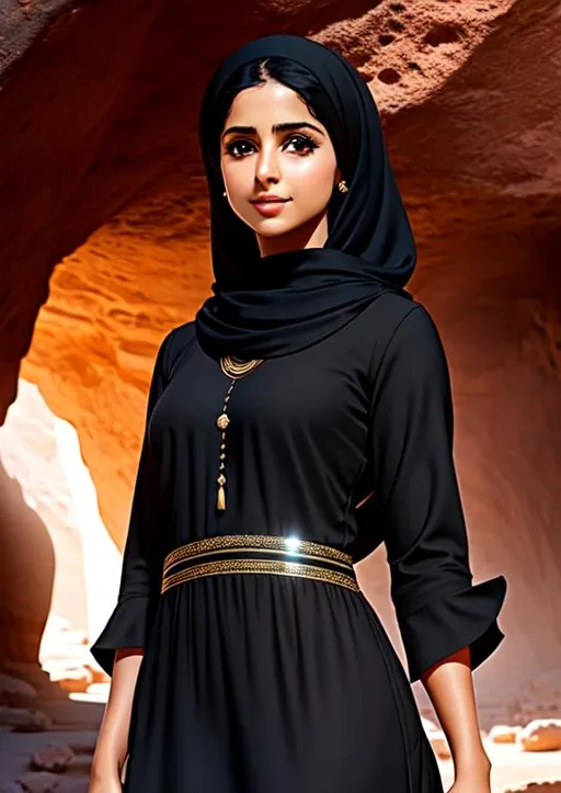 Prompt: NAOMI SCOTT, messy hair, small body, black kurti , full body, islam, black hair, Arabic vibe, UHD, 8K, Very Detail. cave, masterpiece. portrait, happy face