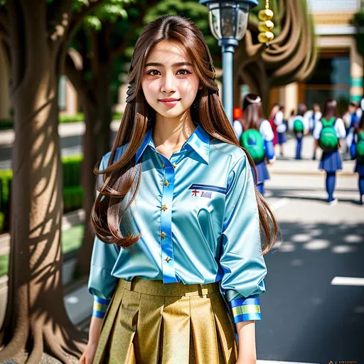 Prompt: a realistic Cute girl, beautiful, elegant, long brown hair, skirt, brown eyes, Realistic, 8k, hyper realism, outdoor, detailed hair, detailed face, masterpiece, Sharp focus, hdr, potrait of a girl, wearing school uniform, iranian, Asian, chinese, happy, epic realistic, faded, ((neutral colors)), art, (hdr:1.5), (muted colors:1.2), hyperdetailed, (artstation:1.5), (natural skin texture, hyperrealism, soft light, sharp:1.2), (intricate details:1.12), hdr, (intricate details, hyperdetailed:1.15).