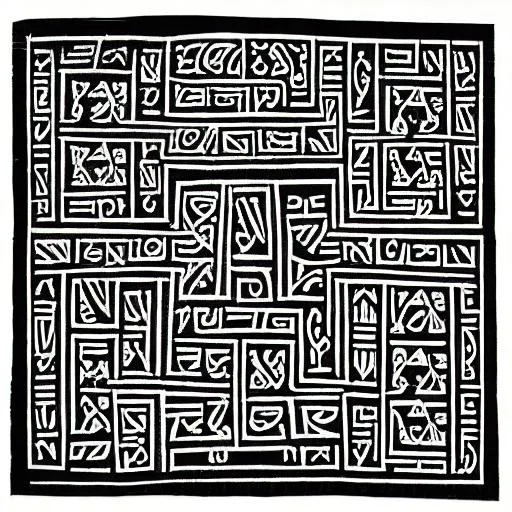 Prompt: Square with Sumerian art patterns and writing. Silk Screen style black and white illustration