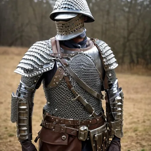 Prompt: A Soldier in armor that mixes WW1 helmets, Chainmail and leather