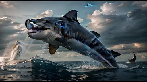 Prompt: Insanely Detailed photorealistic Megalodon breaching the ocean to eat a whale, Intricately detailed, Hyperdetailed, Hyperrealistic, Movie Quality, Filmic, 3D shading, 8K resolution, 64 megapixels, dynamic lighting, cool colors, deep color, complex, elaborate, ominous, seascape, 8K 3D, #film