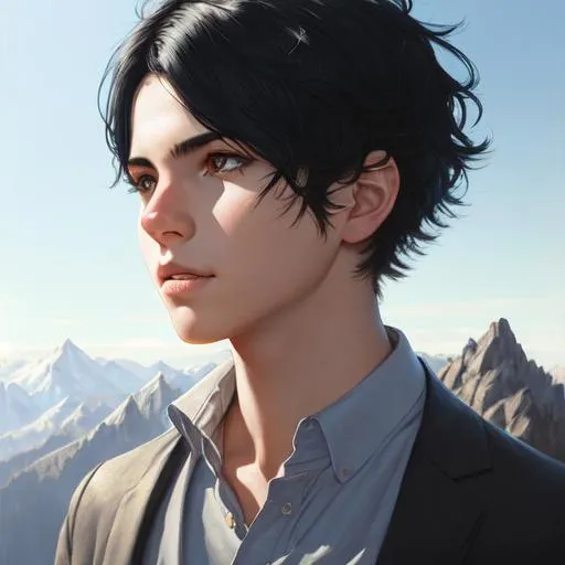 Prompt: Portrait of boy with black hair and with smart face, {morning sunlight mountain view}, perfect composition, hyperrealistic, super detailed, 8k, high quality, trending art, trending on artstation, sharp focus, studio photo, intricate details, highly detailed, by greg rutkowski