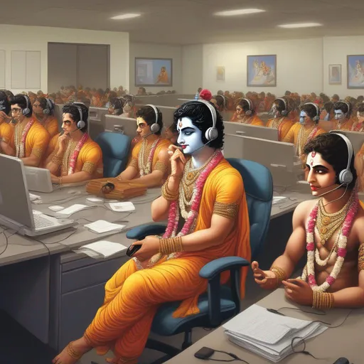 Prompt: a large number of Lord shree krishna sitting in a office call center with a phone headsets on