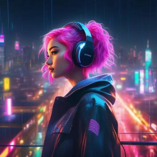 Prompt: A cute girl with vibrant pink hair and wearing a cat-themed headset, surrounded by a futuristic cityscape at night, shimmering with colorful neon lights and reflecting in the rain-soaked streets below. The girl exudes confidence as she stands on a rooftop, overlooking the metropolis, her hair gently blowing in the wind. The scene is reminiscent of the iconic keyvisual style of Masamune Shirow, known for his dynamic cyberpunk illustrations that perfectly blend technology and aesthetics.
