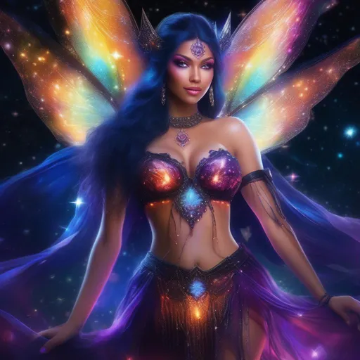 Prompt: A complete body form of a stunningly beautiful, hyper realistic, buxom woman with incredible bright, wearing a colorful, sparkling, dangling, glowing, skimpy, bo-ho, goth style,  flowing, sheer, fairy, witch's outfit on a breathtaking night with stars and colors with glowing, hyper real mythical sprites flying about
