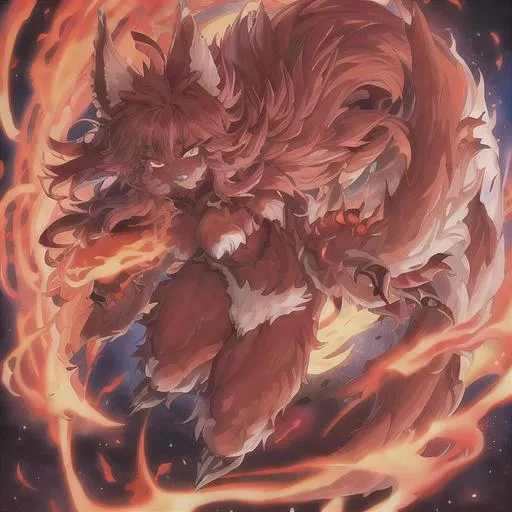 Prompt: gorgeous, beastkin wolf, female, full body, red hair, small body, fire, fur