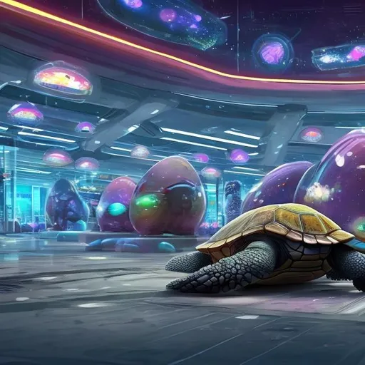 Prompt: turtle security guards in a busy alien mall, widescreen, infinity vanishing point, galaxy background, surprise easter egg