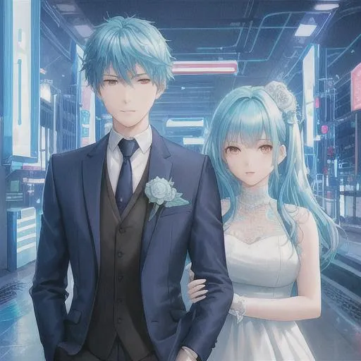 Prompt: Portrait of girl and boy with blue and light blue hair (((brother and sister))) sister wearing barely any clothes and brother wearing suit and with cute face, future neon city, perfect composition, hyperrealistic, super detailed, 8k, high quality, trending art, trending on artstation, sharp focus, studio photo, intricate details, highly detailed (((godess))),full body