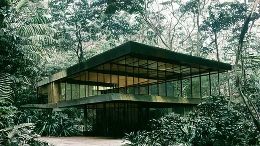 Prompt: Philip Johnson’s Glass House in the rainforest, a sense of luxury and style, elegant, sunny, realistic, ultra-realistic, film photograph, Cinestill 800T