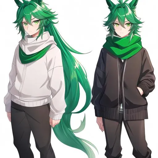 Prompt: Male. masculine build. human animatronic hybrid, with focused emerald eyes. Emerald colored feathery PEGASUS tail. Short dark Green ombre hair. horse ears. adult He wears grey comfy leggings, a white oversized sweater, brown boots. And a green scarf. Anime style. UHD, HD, 4K. In the forest.