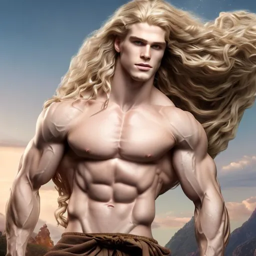 Prompt: realistic photo, portrait of biblical Samson, cute, male beauty, Rapunzel hair, ridiculously abundant thigh-length mane of blonde ringlets flowing to his thigh, muscular abs and thighs,  shirtless, modestly draped pelvis, 22-years-old, Caucasian, highly detailed, male 