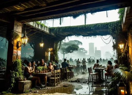 Prompt: crowd in a tavern, crowd, drinks, food, intricate detail, in post apocalyptic city wasteland overgronw with plants and trees, leaves, urban, plant and leaves overgrowing buildings, debris, decay, more plants overgrown, rain, night time, huge jungle forest in background,
