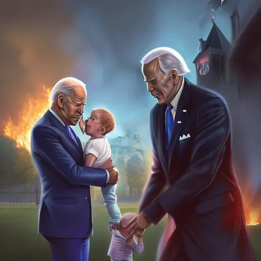 Prompt: An evil demonic Joe Biden sniffing children that are crying and the white house is in flames in pastels