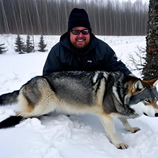 Prompt: 5 hillbilly fat hunters rifles snowing  foggy wolf tracks