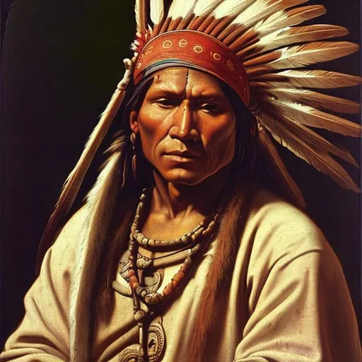 Prompt: Classical renaissance painting of a Taos Indian in 1680 A.D. 