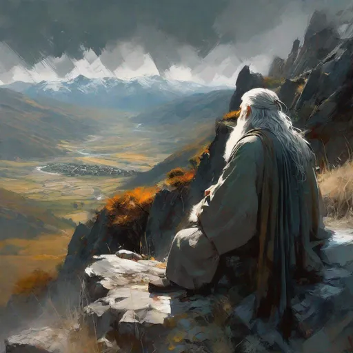 Prompt:  scene from Lord of the rings gandalf the grey sitting on a stone and 
 towards Frodo Beutlin  in backround the montains
masterpiece, textured Speedpaint with large rough brush strokes and paint splatter by Jeremy Mann, Carne Griffiths, Junji Ito, Robert Oxley, Ismail Inceoglu, masterpiece, trending on artstation, particles, oil on canvas, highly detailed fine art, ink painting, hyperrealism | Pixar gloss | polished, Anato Finnstark | Android Jones | Darek Zabrocki, Boris Vallejo, David Palumbo, Donato Giancola, Frank Frazetta, colorful, deep_color vibrant, John Stephens, Jordan Grimmer, John Howe, Julie Bell, Mark Brooks, Dan Mumford | comicbook art | perfect_concept art | 3D shading | bright_colored background radial gradient background | cinematic Reimagined by industrial light and magic fairy_home!, centered, acrylic painting, trending on pixiv fanbox, palette knife and brush strokes, style of makoto shinkai jamie wyeth james gilleard edward hopper greg rutkowski studio ghibli genshin impact, perfect composition, beautiful detailed intricate insanely detailed octane render trending on artstation, 8 k artistic photography, photorealistic concept art, soft natural volumetric cinematic perfect light, chiaroscuro, award - winning photograph, masterpiece, oil on canvas, raphael, caravaggio, greg rutkowski, beeple, beksinski, giger