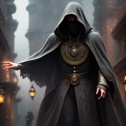 Prompt: A realistic digital painting of a levitating magician, hidden face, no face, holding energy in hands, highly detailed energy, delicate energy details, wearing brown grey cloak with brown grey hood, engraved scales on cloak, highly detailed elements on robe, highly detailed elements on hood, ruins in background, dark theme, trending on artstation, super detailed, hyper realistic, high quality, delicate details.