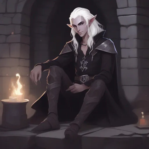 Prompt: dnd a cute dark elf wizard with short wavy messy white hair wearing black open collar shirt chilling in a dungeon 