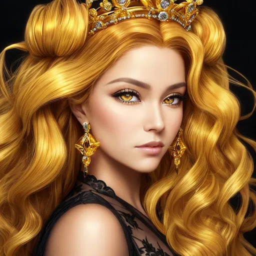 Prompt: Queen bee-A beautiful woman with long flowing golden hair behind a gold tiara. Amber colored eyes, gown in colors of yellow and black, facial closeup