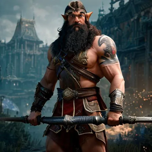 Prompt: Strong Male Half elf Barbarian, with tattoos in an elaborate temple, magic fire about him, Kimbo Slice, zoom out, fierce, dynamic pose, Camren Bicondova Mckenna Grace Amy Forsyth, By Ruan Jia, By Guweiz, full body, 16k, hypermaximalist, Award-winning, cel shaded, depth, HDR, Complimentary colors 