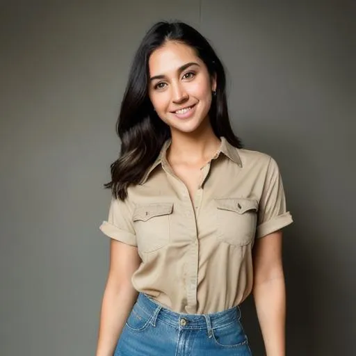 Prompt: masterpiece), realistic, (27yr old female), beautiful face, wearing a Simple beige shirt and denim skirt, studio lighting, cinematic light, beautiful woman, beautiful black eyes, milk beige middle hair, perfect anatomy, very cute smile, princess eyes , (black eyes), (head frame), center image, style, bioluminescent, 8 life size, 8k Resolution, human hands, curiously complete, elegant, close to perfection, dynamic, highly detailed, character sheet, concept art, smooth, positioned so that their bodies are symmetrical and balanced directly towards the viewer, amazing Incredibly beautiful 20-something japanese girl, detailed hairstyles,