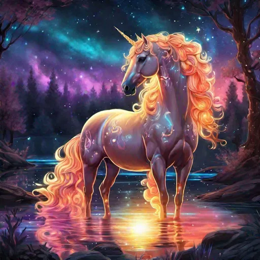 Prompt: A kawaii nebula translucent fiery palomino friesian unicorn that is glowing, long curly flowing mane, resting, in a magical fiery forest near a lake, sunrise, beneath the stars, bioluminescent, highres, best quality, concept art