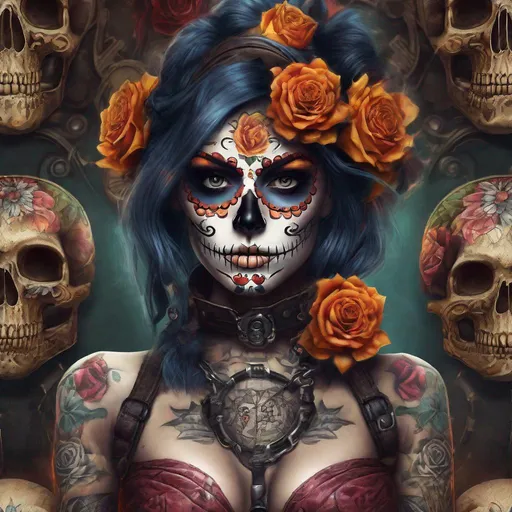 Prompt: Ultra realistic and vibrant sugar skull steampunk woman with tattoo sleeves, (confused scenario, grabbing a fire torch), (((large breast))), (((best quality:1.4))), (((creative scenario))), (photorealistic:1.5), (vibrant and artistic), (angry expression looking front),  (front view), (((full body caption))), dirty warehouse at midnight time, sharp ambient lights from fire and lamps behind and at the ceiling, deep focus, shadows, 80mm caption