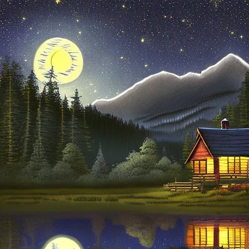 Prompt: A cozy wooded cabin looking into the mountain twilight starry night, moon,
 foggy pond, twilight view. mainly dark, detailed by Pablo Picaso