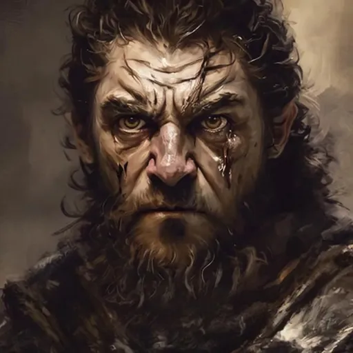Prompt: Rembrandt, cat eyes, angry, sad, tearful, murderous, death stare,  wolf, Robb Stark, sean connery, God of Justice,
The Even-Handed, Grimjaws,
The Maimed God,
