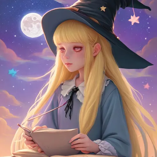 Prompt: witch with long blonde hair, writing, wearing witch hat, cute, aesthetic, pastel, fairycore, disney, pixar, moon, stars, witchcraft, in a starry pastel sky, clouds, sweet, dreamy, award winning illustration, artstation, highres