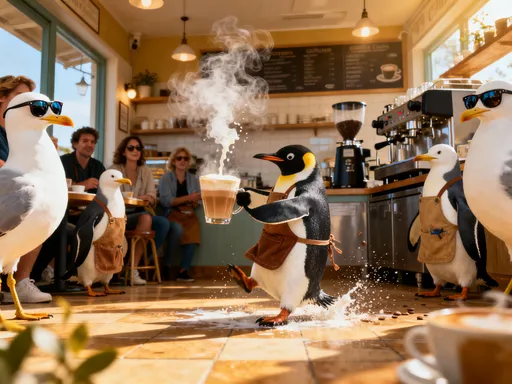 Prompt: “A small café run entirely by penguins wearing tiny aprons. One penguin tries to make a latte but keeps slipping on the floor, launching steamed milk into the air in slow motion. Customers—seagulls in sunglasses—wait impatiently. Bright morning lighting, handheld camera feel.”