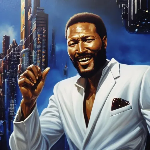 Prompt: oil painting of Marvin Gaye in a white suite.  A Sci Fi setting. An old brick city 4K 8K.  detailed face